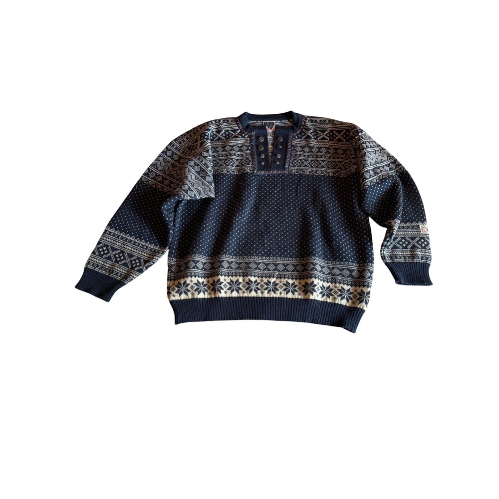 Dale of Norway Wool Sweater Mens XL Navy Blue Nordic Fair Isle Pewter Button